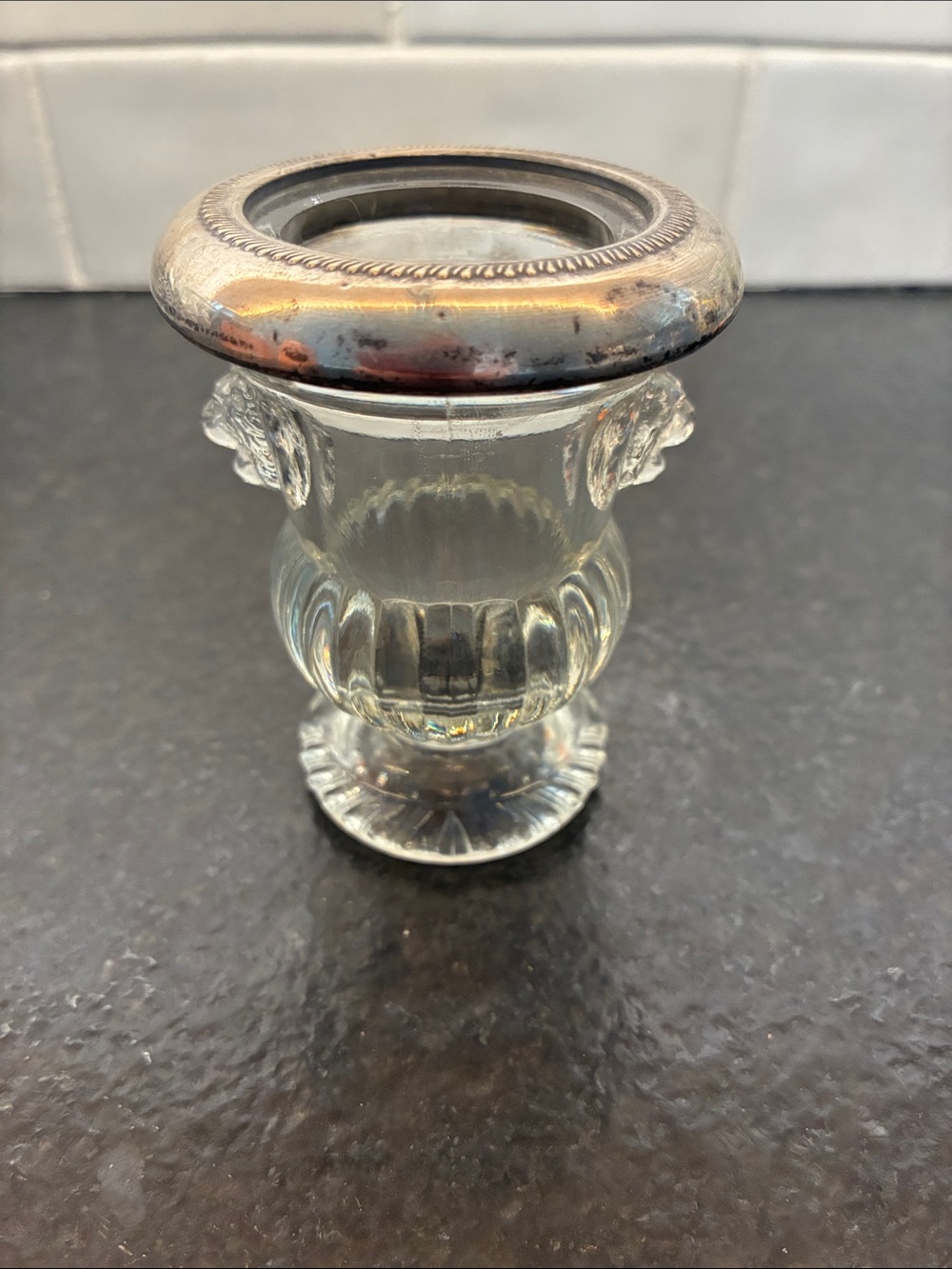 Glass Urn lion head Toothpick Holder with Sterling Silver Rim